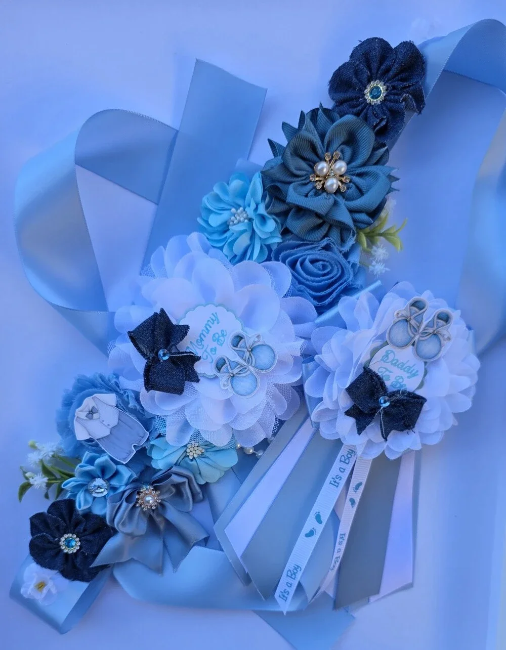 Handmade Blue and White Floral Ribbon Sash Belt